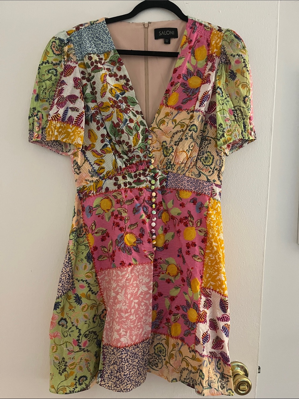 SALONI Multicolor Patchwork Floral V-Neck Mini Dress